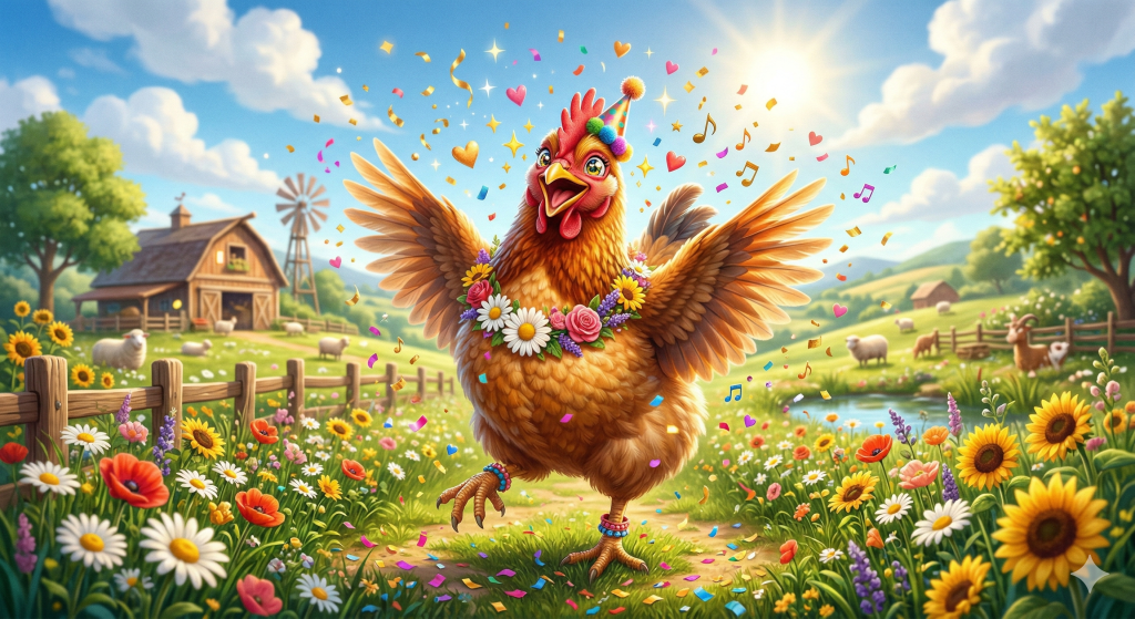 Fröhliches Huhn mit Partyhut und Blumenkette tanzt ausgelassen im bunten Blumenfeld auf einem sonnigen Bauernhof, Konfetti fliegt umher.